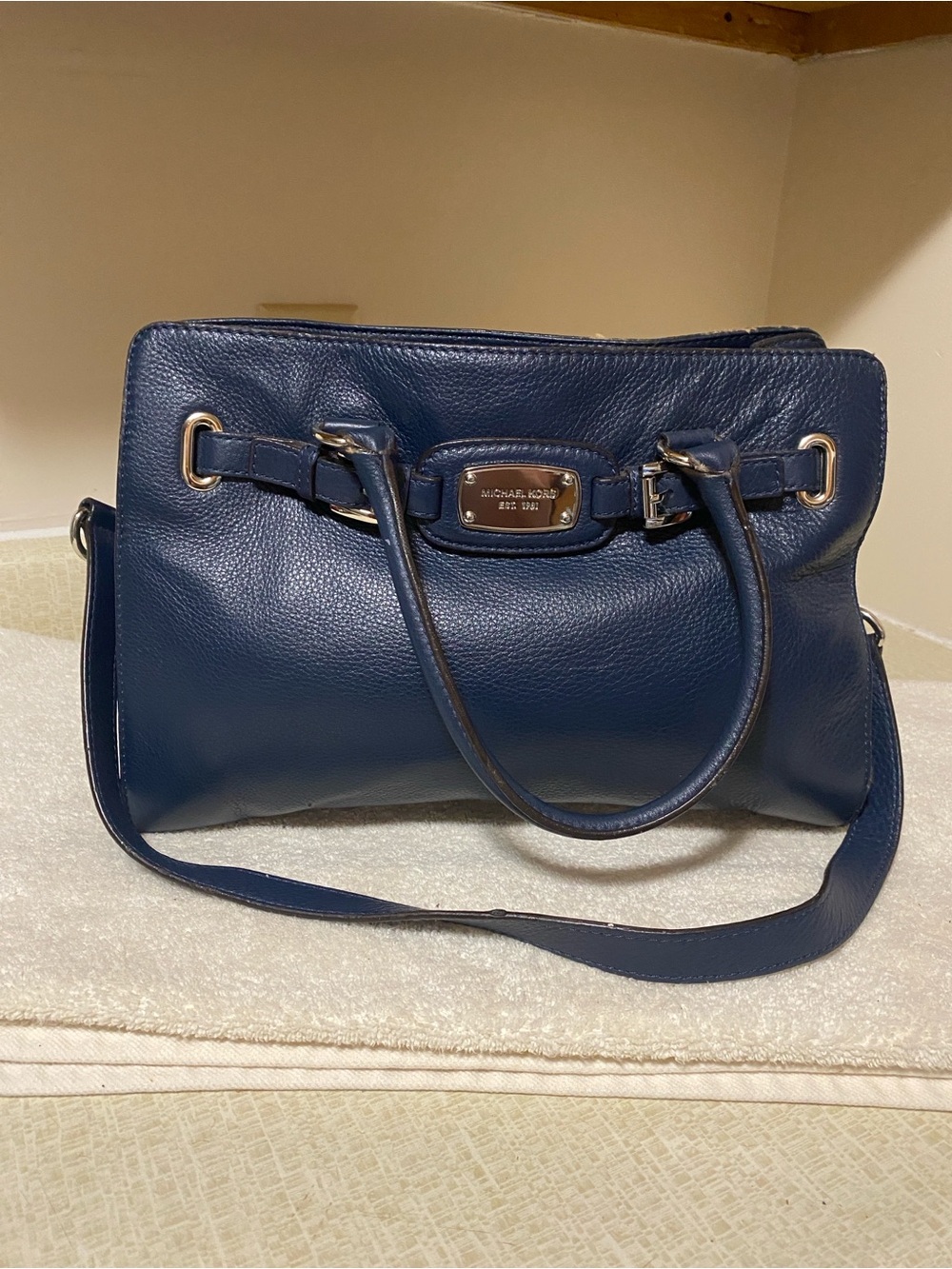 Michael Kors Deep Blue Leather Shoulder Bag with Gold Hardware